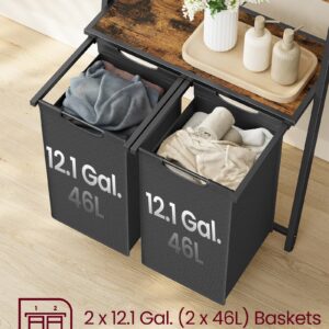 VASAGLE Laundry Basket, 2-Section Laundry Hamper with Blanket Ladder, Pull-Out and Removable Liners, Shelf, 5 Hooks, 2 x 12.1 Gallons, 28.7 x 13 x 69.7 Inches, Rustic Brown and Black UBLH221B01