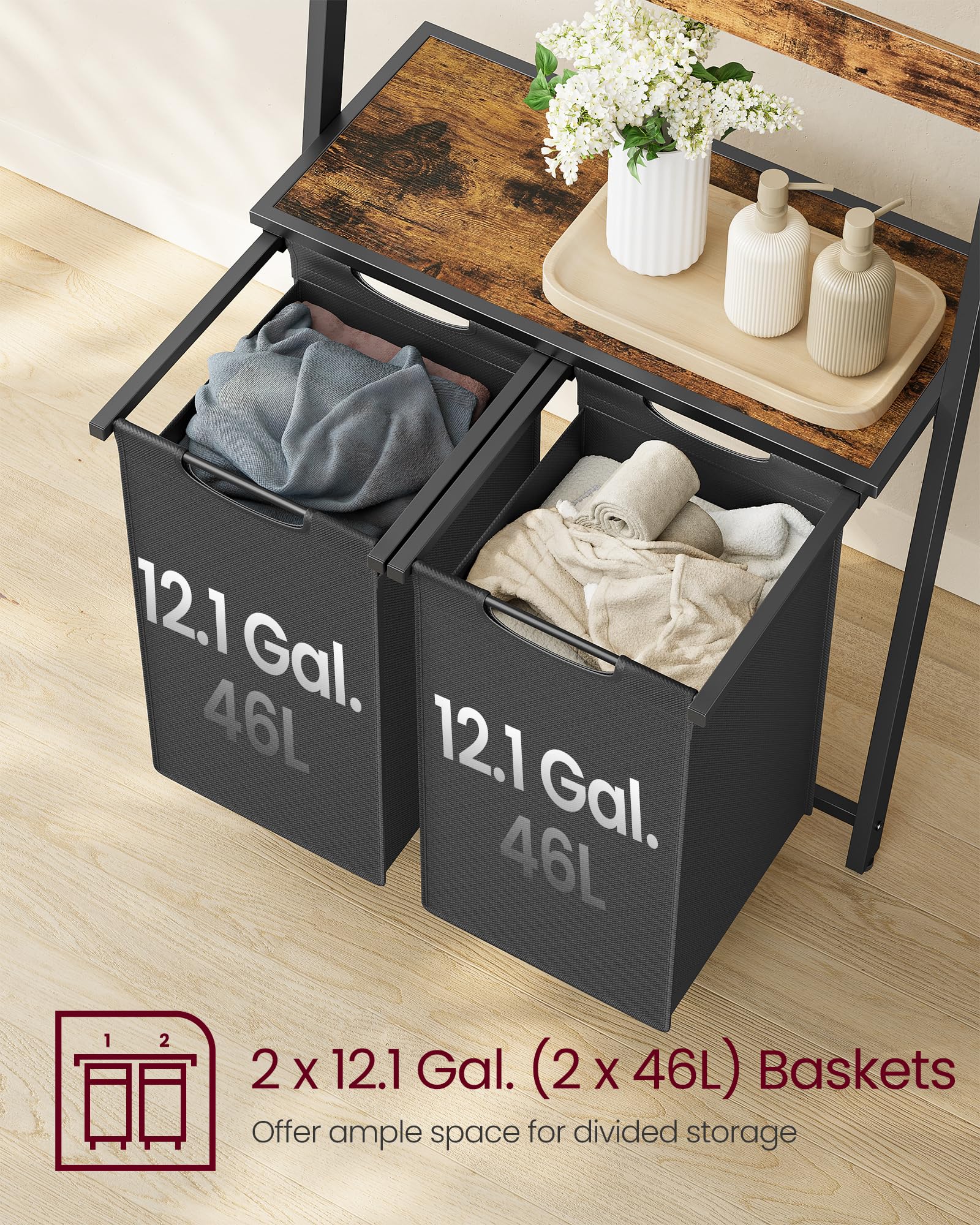 VASAGLE Laundry Basket, 2-Section Laundry Hamper with Blanket Ladder, Pull-Out and Removable Liners, Shelf, 5 Hooks, 2 x 12.1 Gallons, 28.7 x 13 x 69.7 Inches, Rustic Brown and Black UBLH221B01