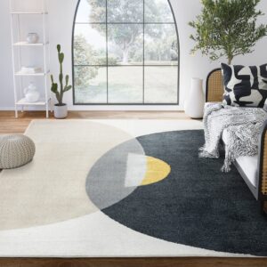 abani geometric beige/charcoal yellow area rug - 8'x10' - modern half-moon design mid-century deco - easy to clean - durable for high traffic areas – bedroom & office - medium pile