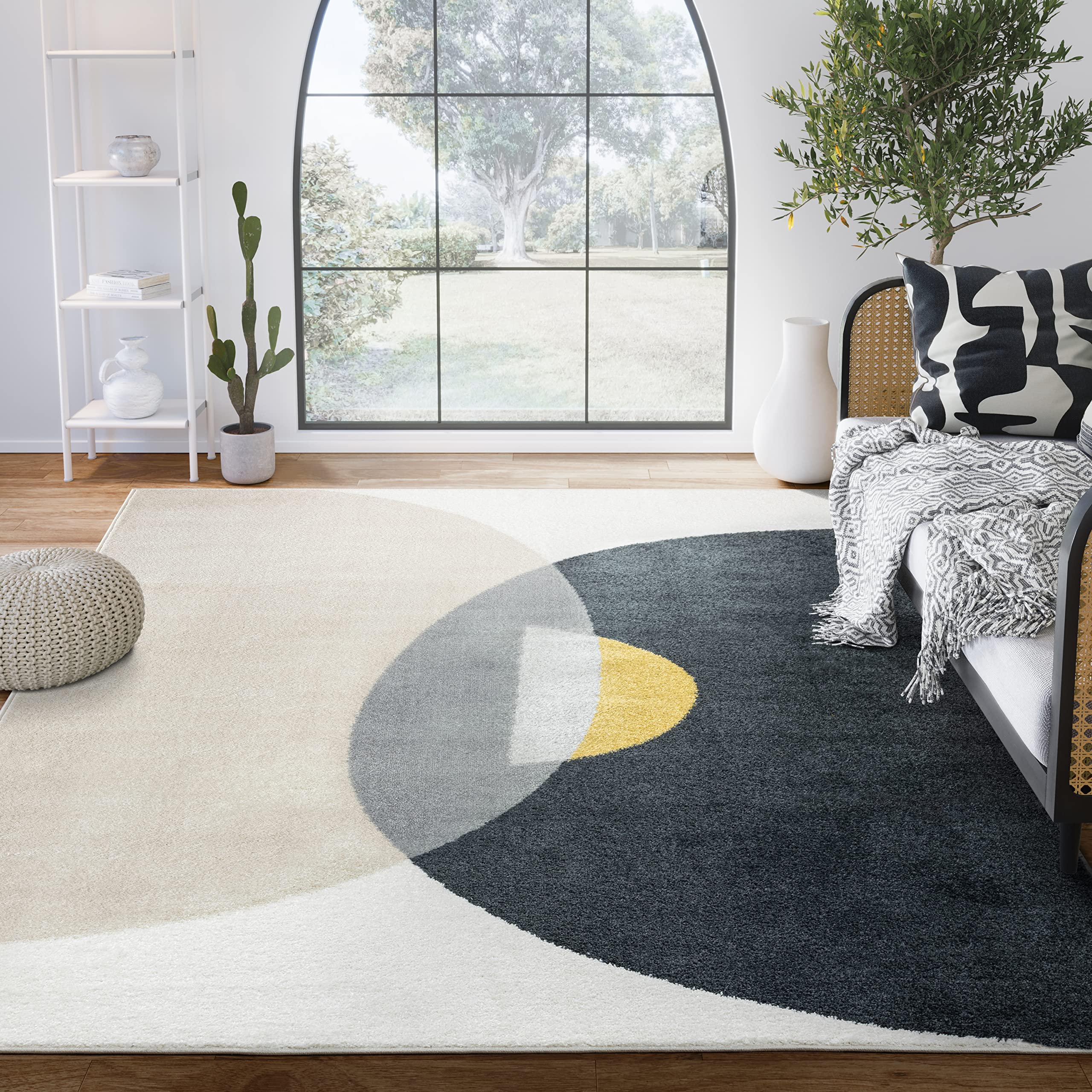 Abani Geometric Beige/Charcoal Yellow Area Rug - 8'x10' - Modern Half-Moon Design Mid-Century Deco - Easy to Clean - Durable for High Traffic Areas – Bedroom & Office - Medium Pile