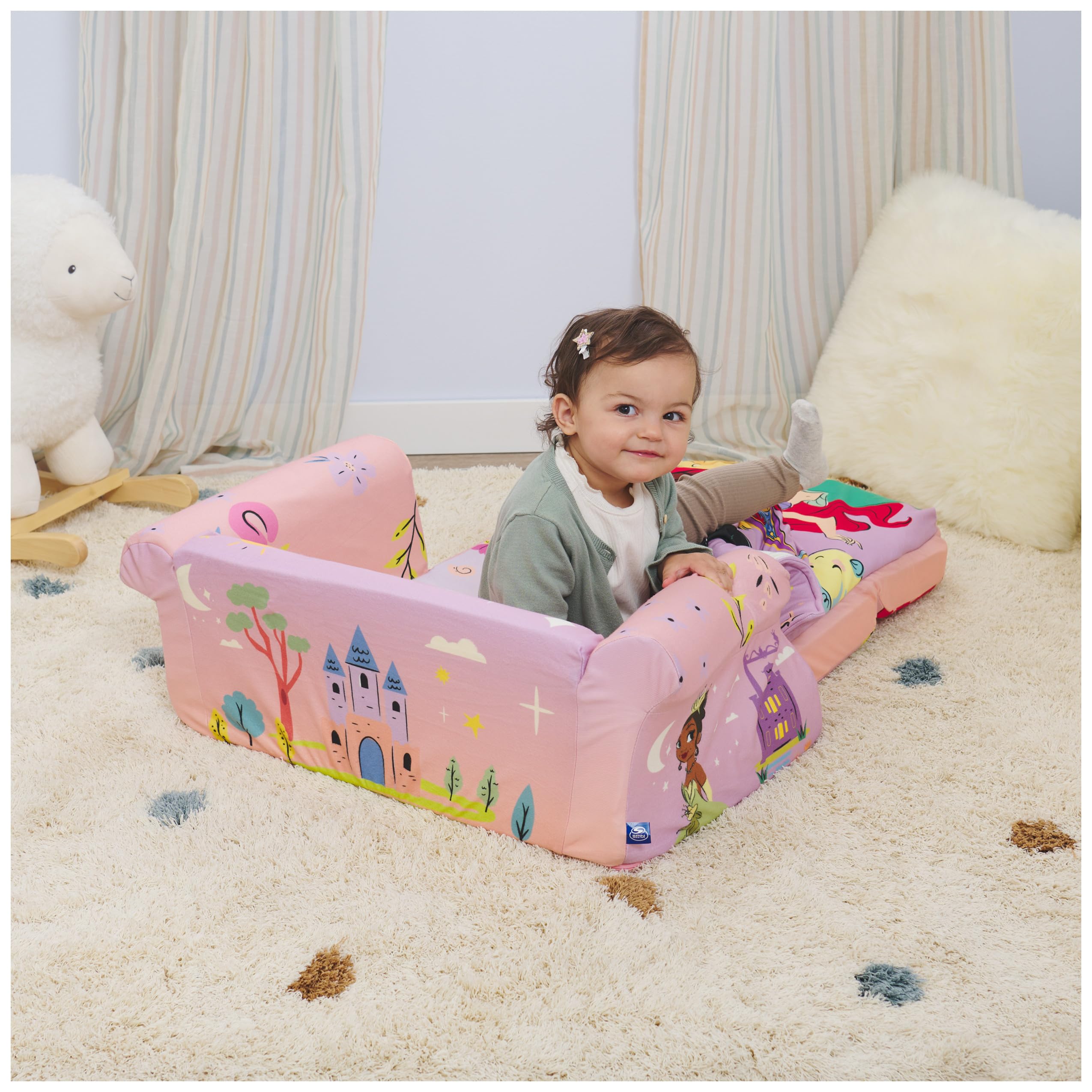 MARSHMALLOW Furniture, Disney Princess 3-in-1 Slumber Sofa, Foam Toddler Nap Mat with Attached Blanket