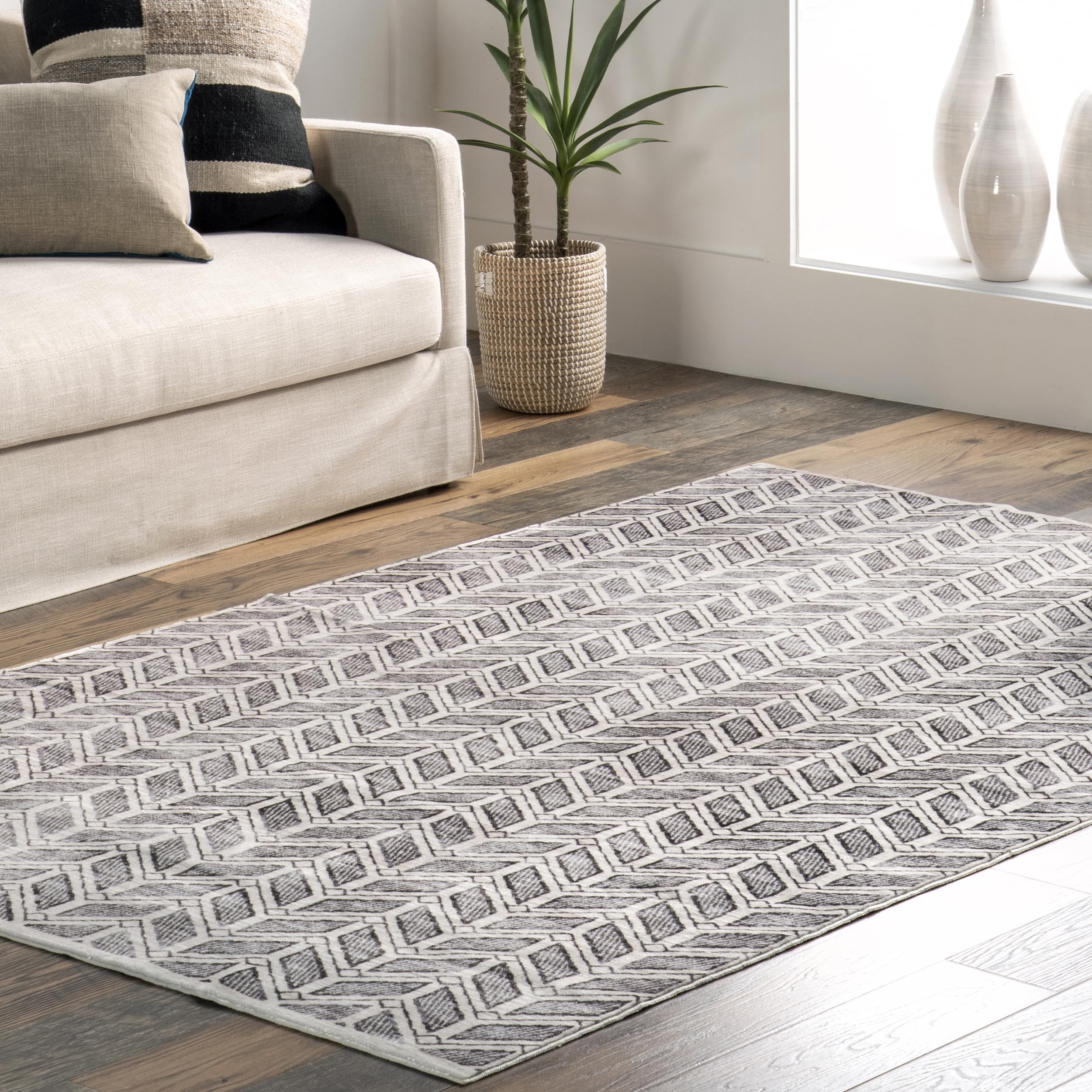 nuLOOM Via Geometric Striped Machine Washable Area Rug, 8x10, Grey