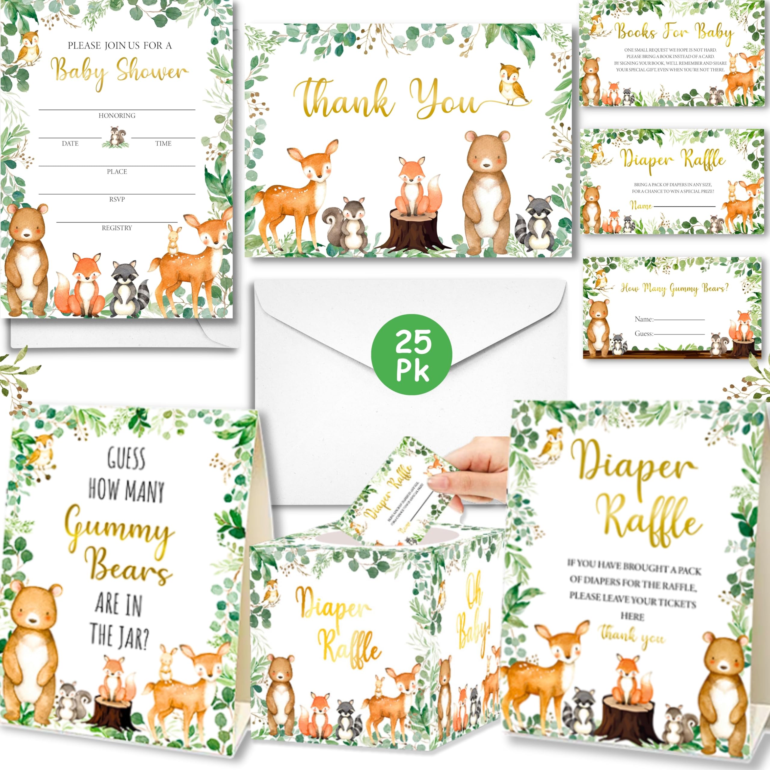 153 Pc Woodland Baby Shower Invitations For Boy And Girl With Envelopes, Baby Thank You Cards, Book Request Cards, Diaper Raffle Box With Ticket & Sign, Guess How Many Baby Shower Game -25 Guest Set