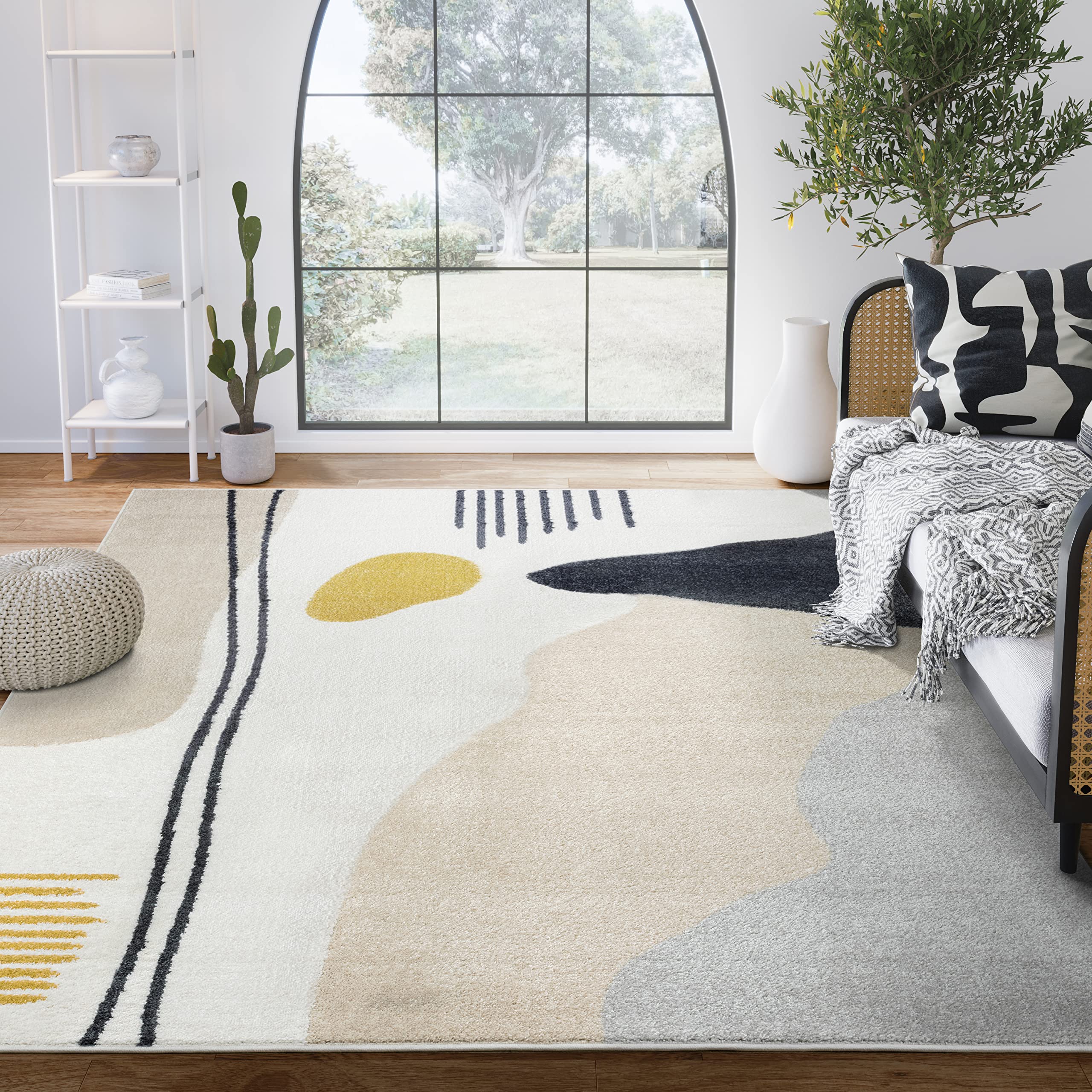 Abani Abstract Cream/Grey Pop of Yellow Area Rug - 4'x 6' - Modern Artistic Deco Design - Easy to Clean - Durable for High Traffic Areas – Living Room & Kitchen - Medium Pile