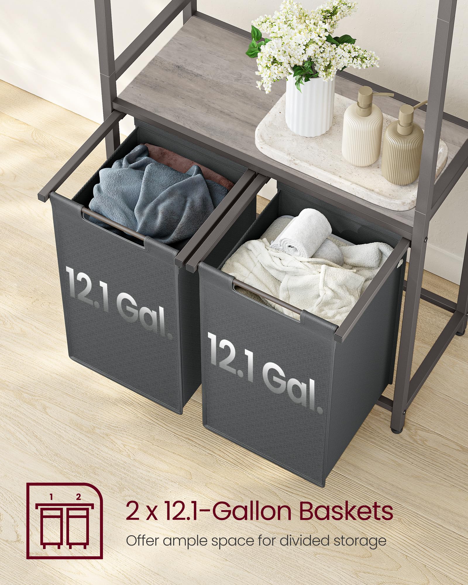 VASAGLE Laundry Basket, 2-Section Laundry Hamper with Pull-Out and Removable Liners, Clothes Rail, 2 x 12.1 Gallons, 28.7 x 13 x 69.7 Inches, Heather Greige and Slate Gray UBLH231G02