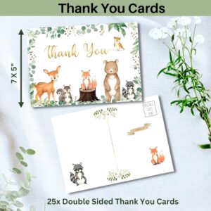 153 Pc Woodland Baby Shower Invitations For Boy And Girl With Envelopes, Baby Thank You Cards, Book Request Cards, Diaper Raffle Box With Ticket & Sign, Guess How Many Baby Shower Game -25 Guest Set