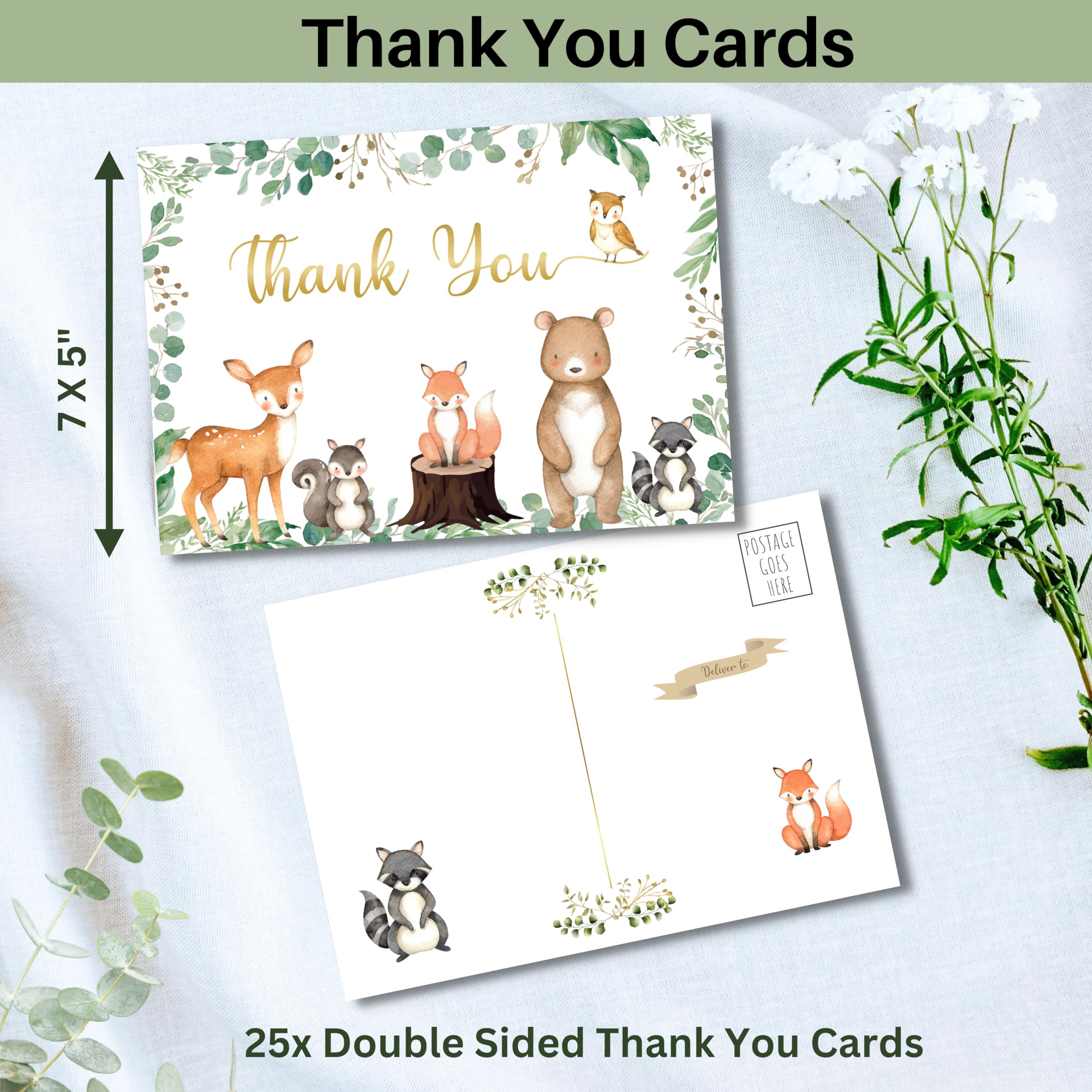 153 Pc Woodland Baby Shower Invitations For Boy And Girl With Envelopes, Baby Thank You Cards, Book Request Cards, Diaper Raffle Box With Ticket & Sign, Guess How Many Baby Shower Game -25 Guest Set