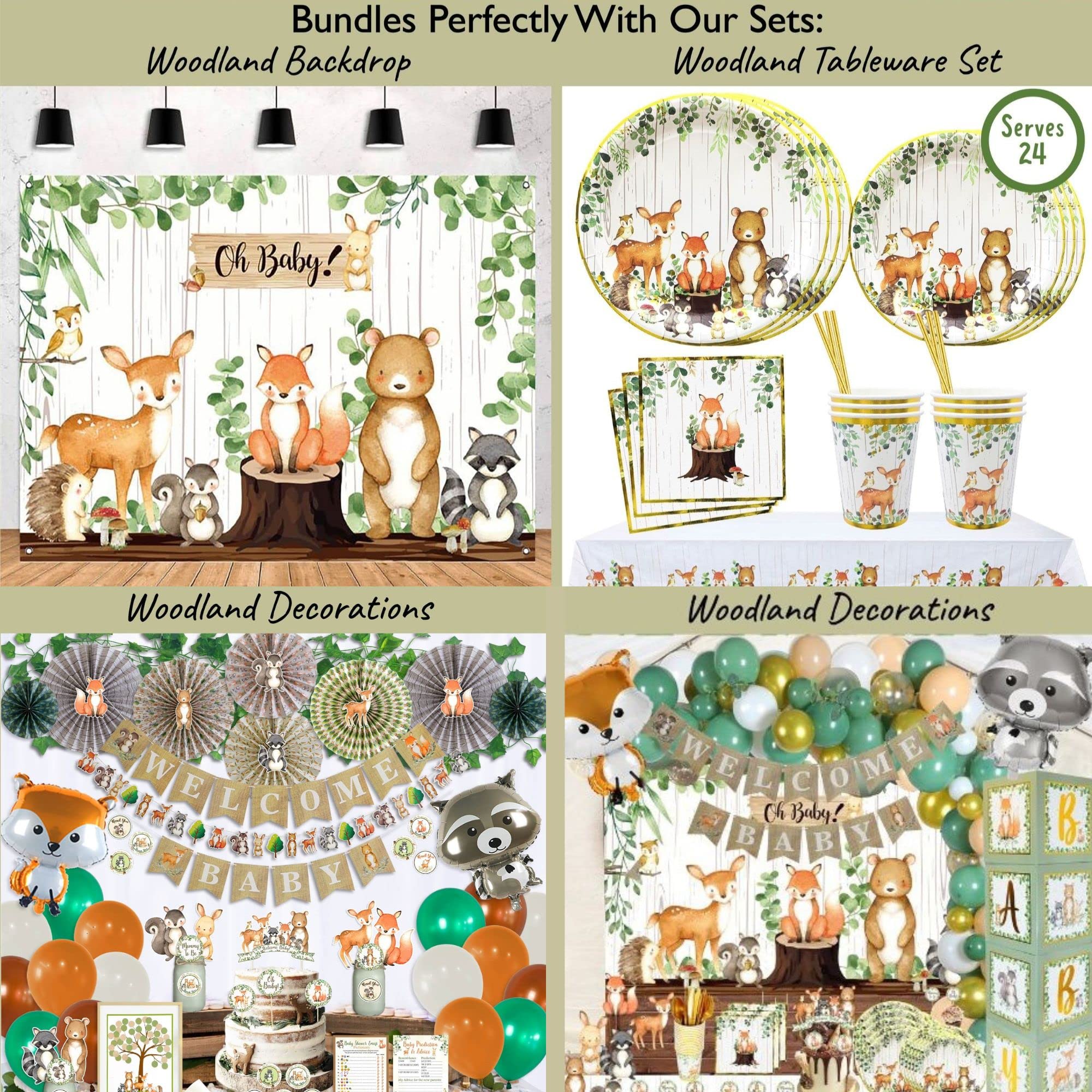 153 Pc Woodland Baby Shower Invitations For Boy And Girl With Envelopes, Baby Thank You Cards, Book Request Cards, Diaper Raffle Box With Ticket & Sign, Guess How Many Baby Shower Game -25 Guest Set