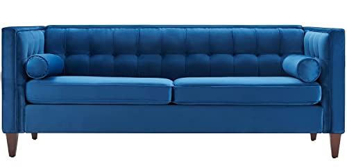 TINKLE WELL Tufted Velvet Loveseat Sofa | 58'' Upholstered with Bolster Pillows | Mid-Century Sofa Couch | Ideal for Living Room, Navy Blue