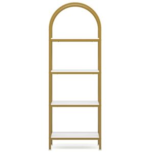 LITTLE TREE 4-Tier Arched Bookshelf, Tall Open Bookcase Storage Shelves, Wood Metal Freestanding Display Rack Tall Shelving Unit for Home Office, Bedroom, Living Room, White & Gold