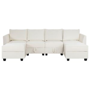 Naomi Home Modular Convertible U-Shaped Sectional Sofa with Reversible Chaise, Oversized Couch, Elizabeth Sectional Sofa with Ottoman - Linen Upholstery, White