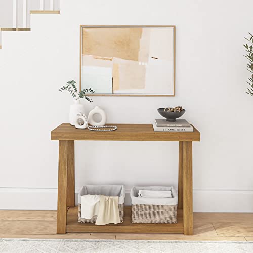 Plank+Beam Solid Wood Console Table with Storage, 46.25 Inch, Sofa Table with Shelf, Narrow Entryway Table for Hallway, Behind The Couch, Living Room, Foyer, Easy Assembly, Pecan