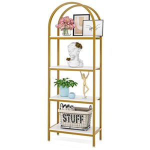 little tree 4-tier arched bookshelf, tall open bookcase storage shelves, wood metal freestanding display rack tall shelving unit for home office, bedroom, living room, white & gold