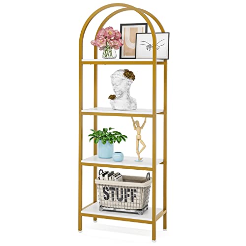 LITTLE TREE 4-Tier Arched Bookshelf, Tall Open Bookcase Storage Shelves, Wood Metal Freestanding Display Rack Tall Shelving Unit for Home Office, Bedroom, Living Room, White & Gold