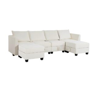 Naomi Home Modular Convertible U-Shaped Sectional Sofa with Reversible Chaise, Oversized Couch, Elizabeth Sectional Sofa with Ottoman - Linen Upholstery, White