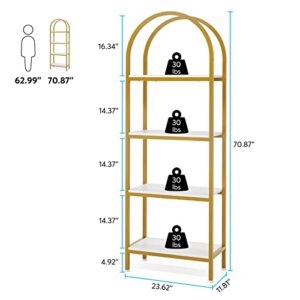 LITTLE TREE 4-Tier Arched Bookshelf, Tall Open Bookcase Storage Shelves, Wood Metal Freestanding Display Rack Tall Shelving Unit for Home Office, Bedroom, Living Room, White & Gold