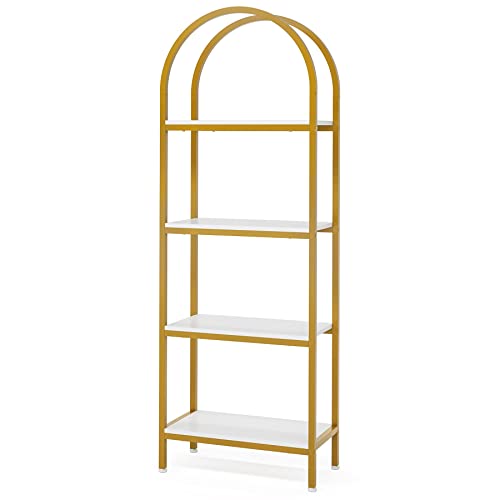 LITTLE TREE 4-Tier Arched Bookshelf, Tall Open Bookcase Storage Shelves, Wood Metal Freestanding Display Rack Tall Shelving Unit for Home Office, Bedroom, Living Room, White & Gold