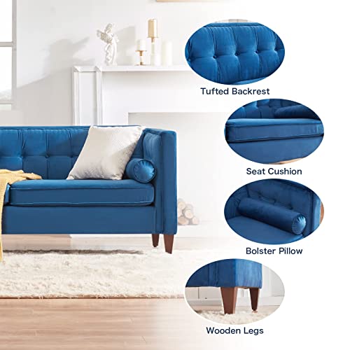 TINKLE WELL Tufted Velvet Loveseat Sofa | 58'' Upholstered with Bolster Pillows | Mid-Century Sofa Couch | Ideal for Living Room, Navy Blue