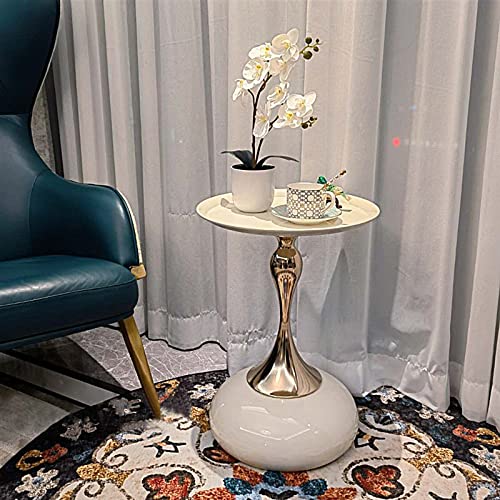 LUGSHIREE Small Round End Tables, Metal Side Table,Modern Space Saving Pedestal Minimalist Table Nightstand for Living Room Apartment Bedroom(Ivory White)