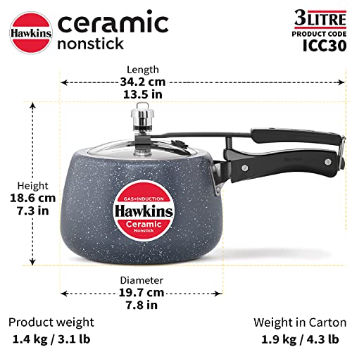 HAWKINS 3 Litre Ceramic Nonstick Pressure Cooker, Induction Inner Lid Cooker, Granite Contura Shaped Cooker, Best Cooker (ICC30)