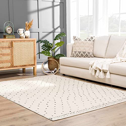 Hauteloom Julie Living Room, Bedroom Shaggy Area Rug - Spotted Polka Dot Carpet - High Pile, Soft Touch, Shag - Black, Cream - 7'10" x 10'