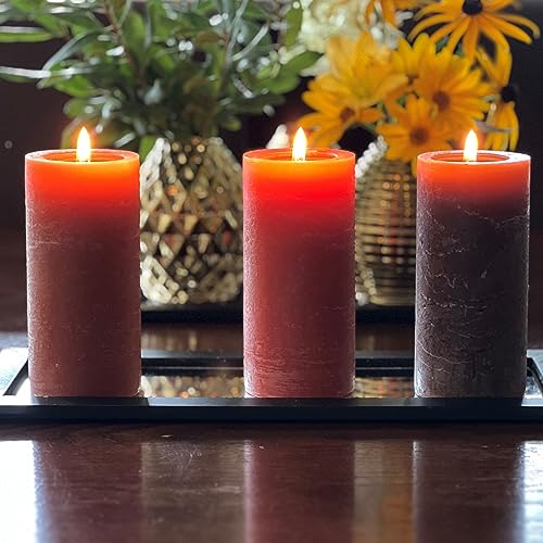 3 Piece Pillar Candle Set, Paraffin Wax, 68 Hours Burn Time, Cotton Wick, Shades of Marbled Amber, Rustic Brown and Dark Brown