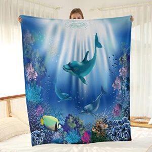 wesan ocean dolphin fish blanket underwater world colorful sea life throw gifts for kids girls boys mom women men dad birthday mother's day father's day soft plush throw 50"x60"