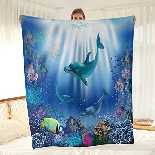 Wesan Ocean Dolphin Fish Blanket Underwater World Colorful Sea Life Throw Gifts for Kids Girls Boys Mom Women Men Dad Birthday Mother's Day Father's Day Soft Plush Throw 50"x60"