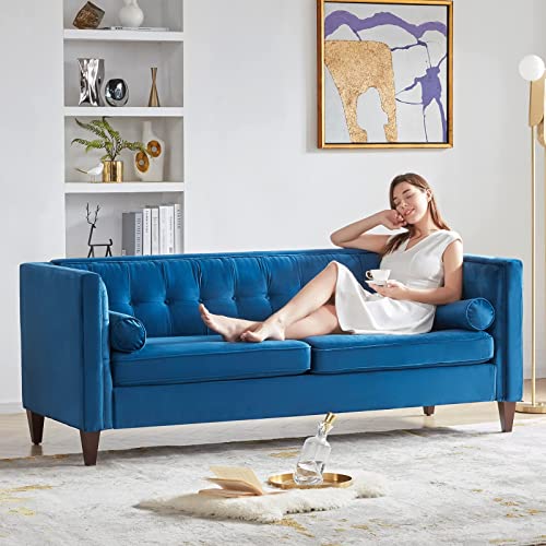 TINKLE WELL Tufted Velvet Loveseat Sofa | 58'' Upholstered with Bolster Pillows | Mid-Century Sofa Couch | Ideal for Living Room, Navy Blue