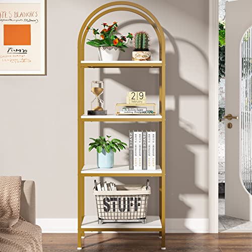 LITTLE TREE 4-Tier Arched Bookshelf, Tall Open Bookcase Storage Shelves, Wood Metal Freestanding Display Rack Tall Shelving Unit for Home Office, Bedroom, Living Room, White & Gold