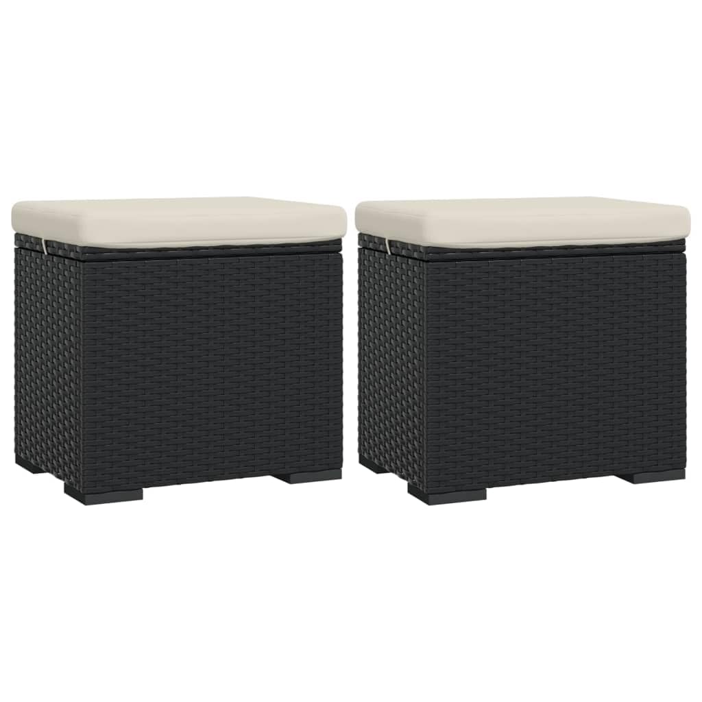 vidaXL Ottomans Set with Cushions - Black Poly Rattan Weather Resistant Outdoor Seating with Powder-Coated Metal Frame and Removable Cushions