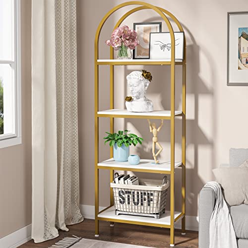 LITTLE TREE 4-Tier Arched Bookshelf, Tall Open Bookcase Storage Shelves, Wood Metal Freestanding Display Rack Tall Shelving Unit for Home Office, Bedroom, Living Room, White & Gold