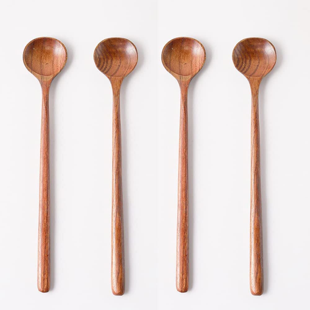 Wooden Soup Spoon, 4PCS Wooden Long Spoons Korean Style Natural Wood Long Handle Round Spoons Long Soup Spoons for Soup Cooking Mixing Stirrer Kitchen Tools