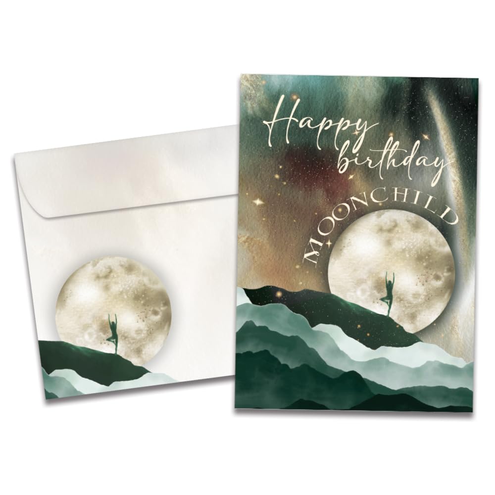 Tree-Free Greetings - Birthday Cards - Artful Designs - 1 Card + Matching Envelopes - Made in USA - 100% Recycled Paper - 5"x7" - Moon Child (GO65328)