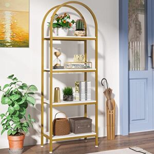 LITTLE TREE 4-Tier Arched Bookshelf, Tall Open Bookcase Storage Shelves, Wood Metal Freestanding Display Rack Tall Shelving Unit for Home Office, Bedroom, Living Room, White & Gold