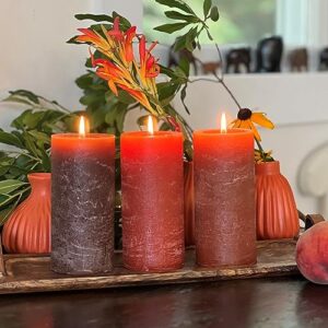 3 Piece Pillar Candle Set, Paraffin Wax, 68 Hours Burn Time, Cotton Wick, Shades of Marbled Amber, Rustic Brown and Dark Brown