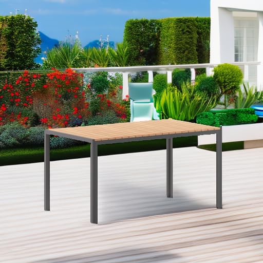 Flash Furniture Finch Commercial Grade Outdoor Dining Table 55" x 31" with Faux Teak Poly Slats and Metal Frame, Natural/Gray