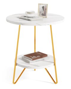 little tree 2 tier faux marble end table round side table with shelves small coffee accent table for living room, white and gold