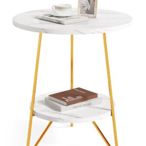 LITTLE TREE 2 Tier Faux Marble End Table Round Side Table with Shelves Small Coffee Accent Table for Living Room, White and Gold