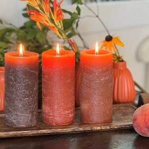 3 Piece Pillar Candle Set, Paraffin Wax, 68 Hours Burn Time, Cotton Wick, Shades of Marbled Amber, Rustic Brown and Dark Brown