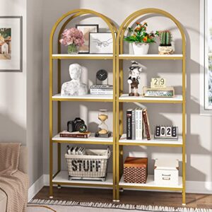 LITTLE TREE 4-Tier Arched Bookshelf, Tall Open Bookcase Storage Shelves, Wood Metal Freestanding Display Rack Tall Shelving Unit for Home Office, Bedroom, Living Room, White & Gold