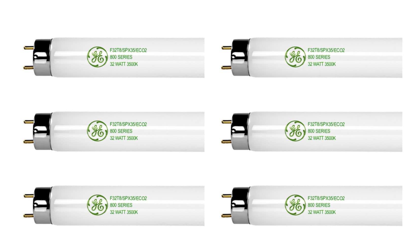 (case of 6) GE 68851 Fluorescent T8 Tube, F32T8/SPX35/ECO2 32W T8 Bulbs 3500K 800 Series, 48 inch Fluorescent T8 lamp