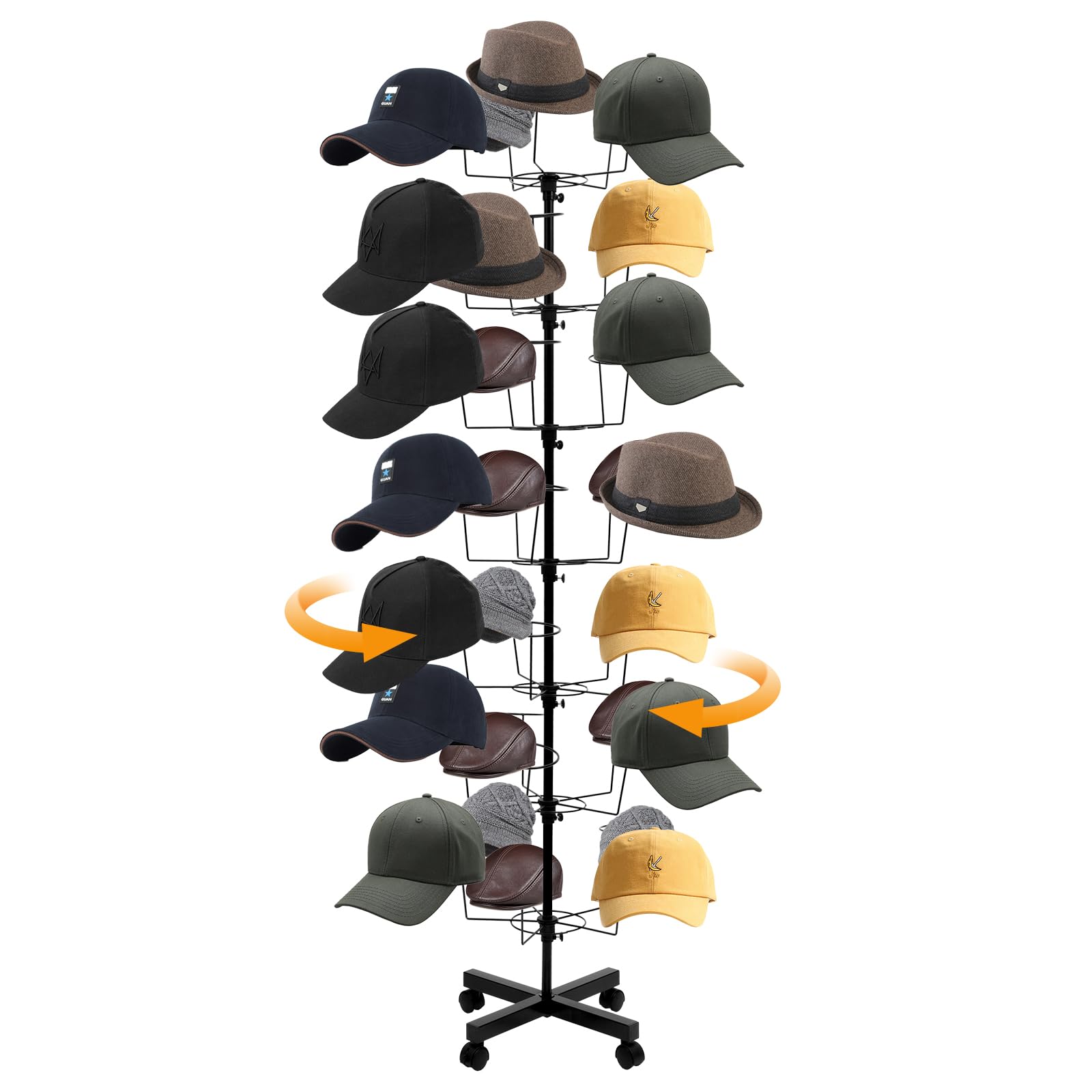 DDBESSIC 7-Tier Rotating Hat Display Rack, 35 Hooks Metal Freestanding Retail Display Stand Commercial Large Headwear Wig Rack Metal Floor Rack for Hats and Wigs (Black)