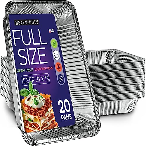 Full Size Large Aluminum Pans, Disposable Foil 21x13 Deep [20-Pack] Steam Table Chafing Pan - Extra Heavy Duty Durable Tray - Great for Roasting, Cooking, Warming, Prepping and Storing Food