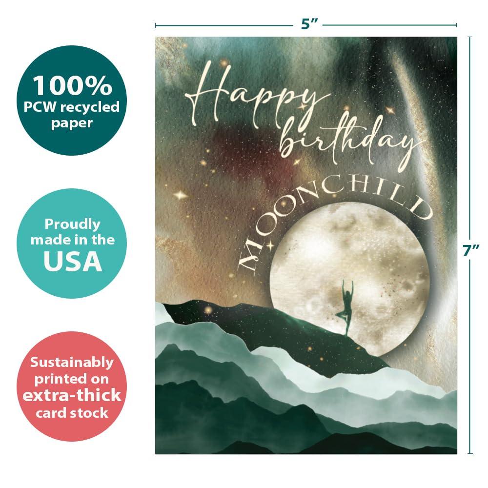 Tree-Free Greetings - Birthday Cards - Artful Designs - 1 Card + Matching Envelopes - Made in USA - 100% Recycled Paper - 5"x7" - Moon Child (GO65328)