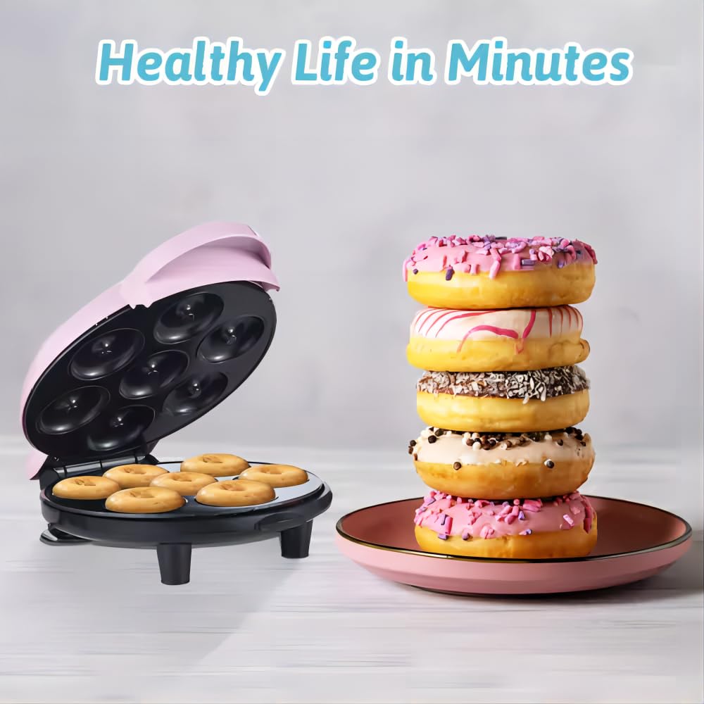 Donut Maker, Electric Non-Stick Surface Makes 7 Small Doughnuts Mini Donut Maker Machine, Mini Doughnut Maker Pancake Maker for Breakfast, Snacks, Desserts & More, Pink