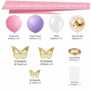 Pink Purple White Latex Balloons with Gold 3D Butterfly, 62pcs 12 Inch Light Pink Purple Gold Confetti Party Balloons with Ribbon for Girl Birthday Baby Shower Decorations (Gold series)