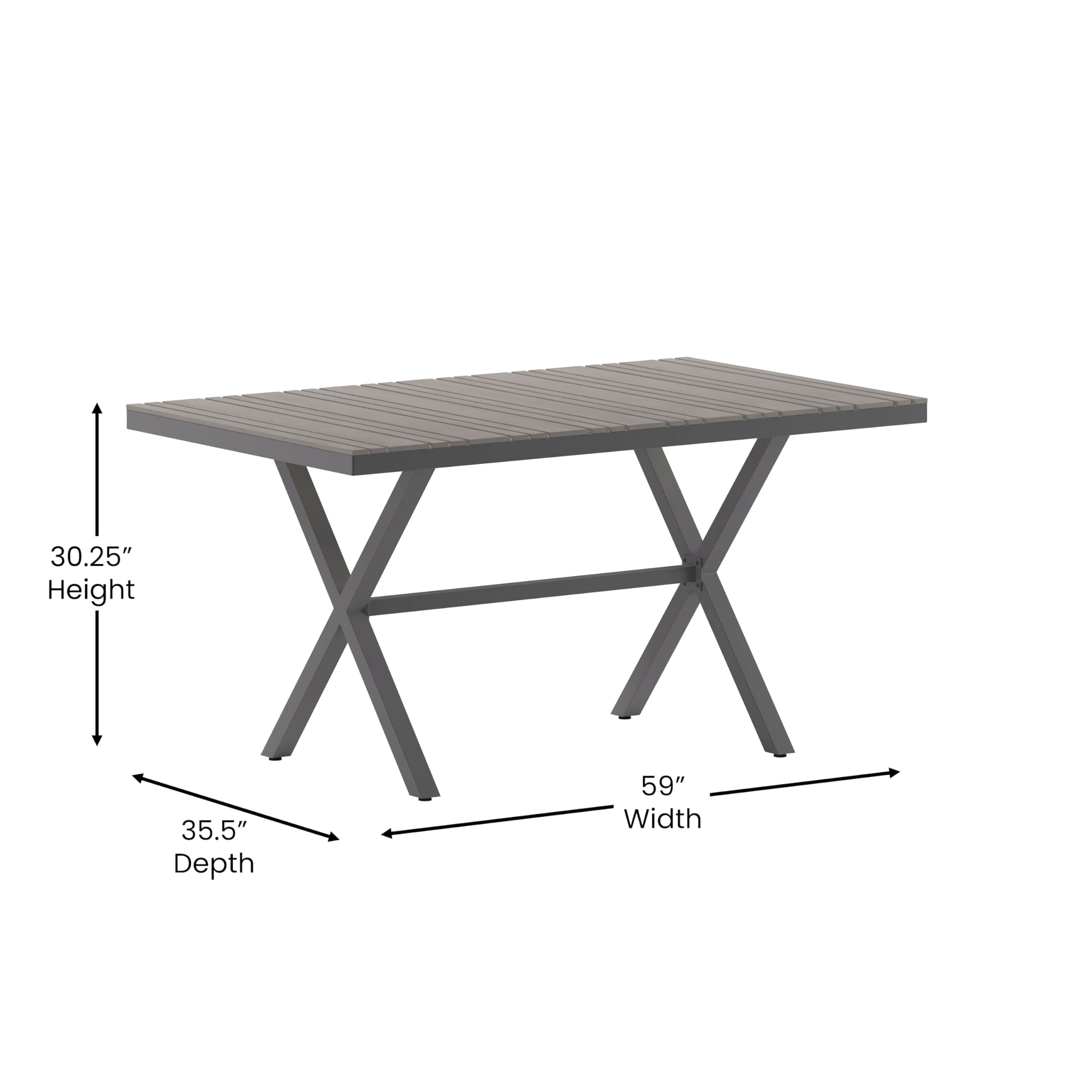 Flash Furniture Finch Commercial Grade X-Frame Outdoor Dining Table 59" x 35.5" with Faux Teak Poly Slats and Metal Frame, Gray/Gray