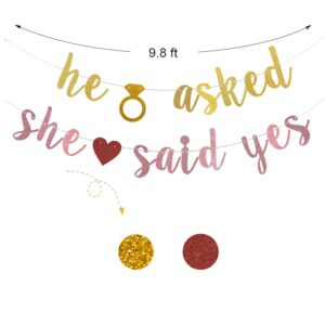 He Asked She Said Yes Banner, Gold Bride to Be Decorations,Gold Glitter Bunting Sign for Engagement Bridal Shower Wedding Party