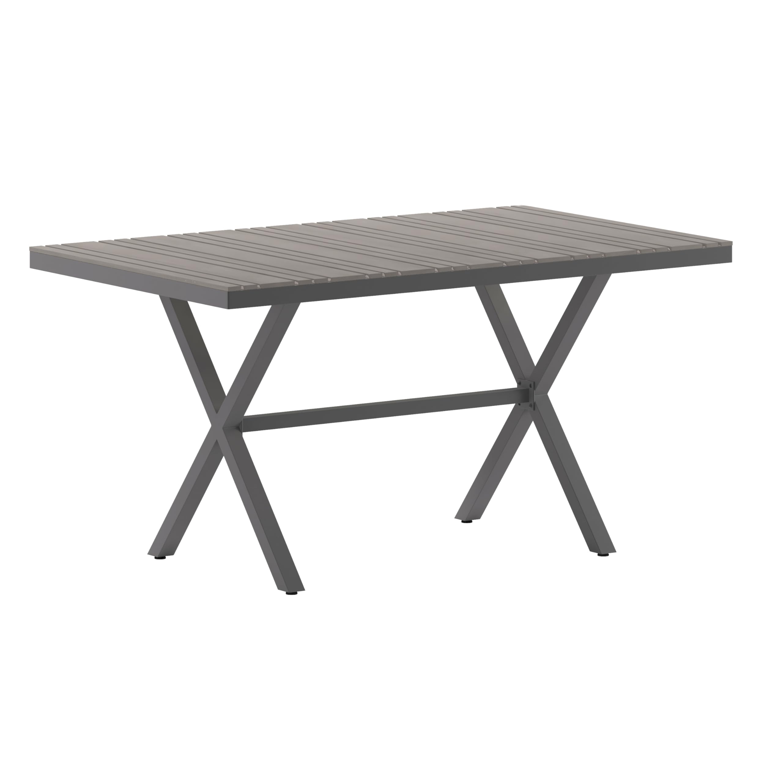 Flash Furniture Finch Commercial Grade X-Frame Outdoor Dining Table 59" x 35.5" with Faux Teak Poly Slats and Metal Frame, Gray/Gray